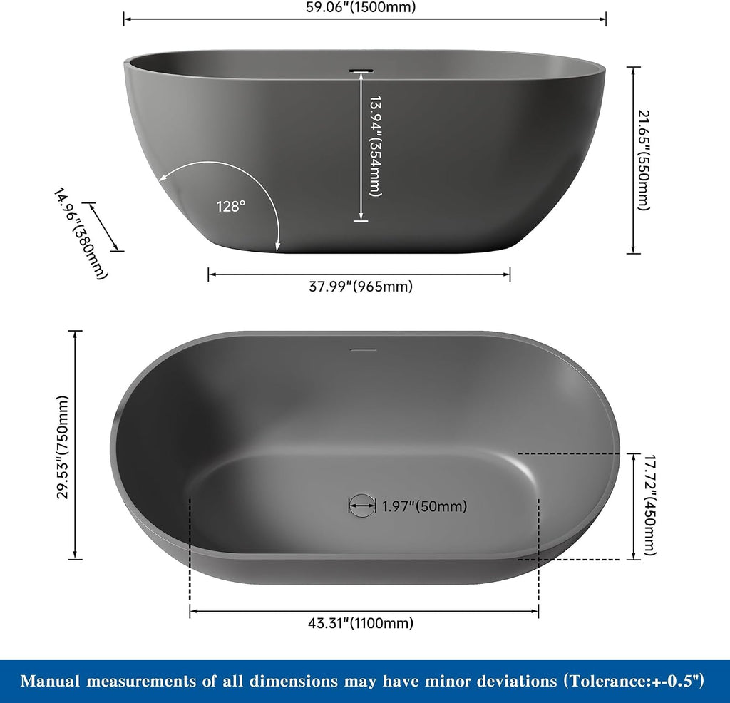 59' Premium Solid Surface Free Standing Bathtub, Oval Stone Resin Tub with Overflow and Pop-up Drain, Matte Dark Grey