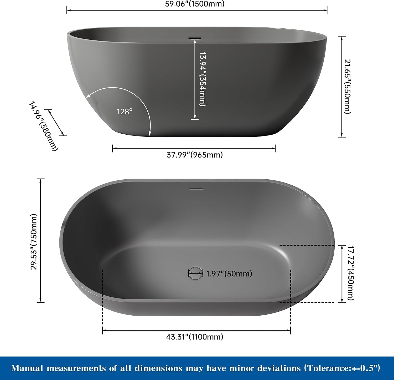 59' Premium Solid Surface Free Standing Bathtub, Oval Stone Resin Tub with Overflow and Pop-up Drain, Matte Dark Grey