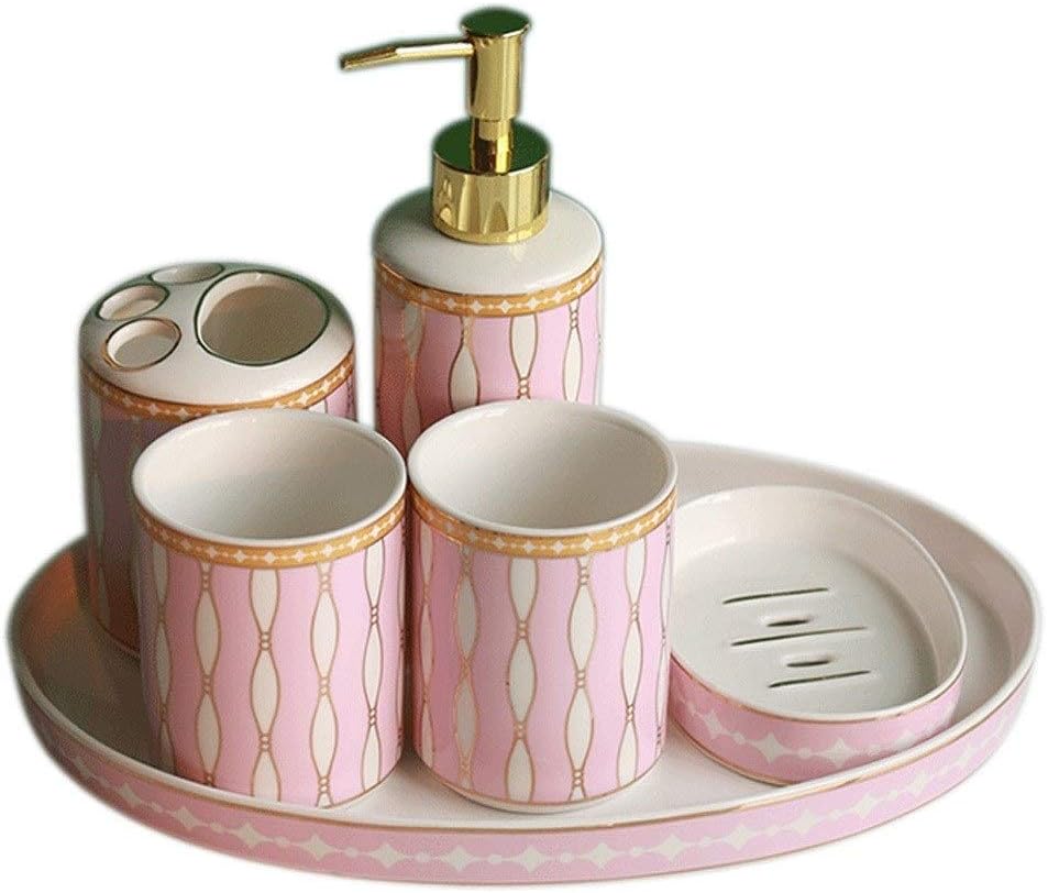 Kitchen Soap Dispenser 6-piece Ceramic Bathroom Accessories Set Soap Dispenser Toothbrush Holder Mug Soap Dish and Utility Tray Household Items Gift Countertop Soap Dispensers ( Color : Pink )