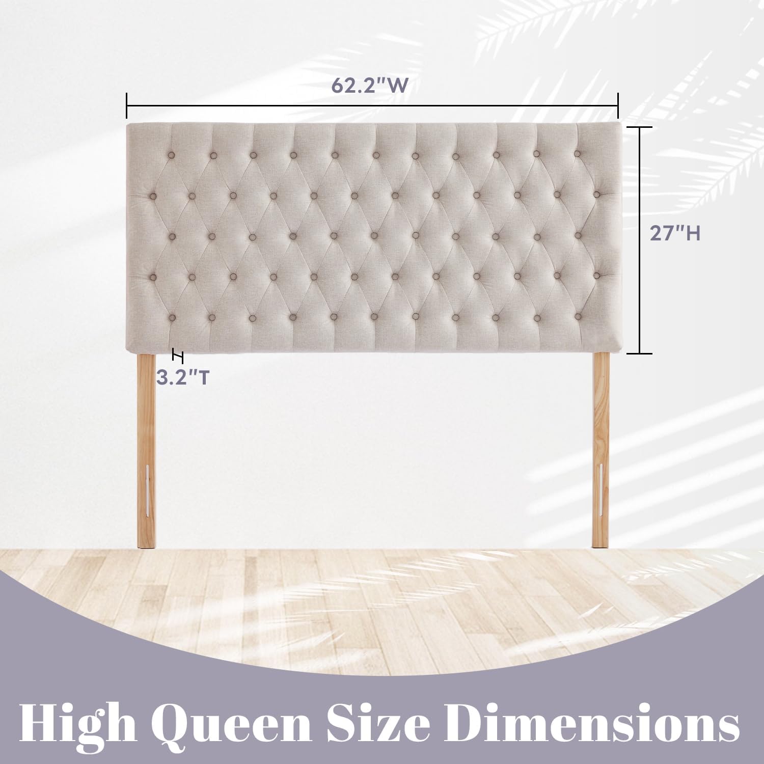 Kingfun Upholstered Queen Headboard Only, Premium Linen Button Tufted Headboards, Adjustable Solid Wood Head Board, Padded Headboard with Solid Wood Legs in Bedroom (Beige)