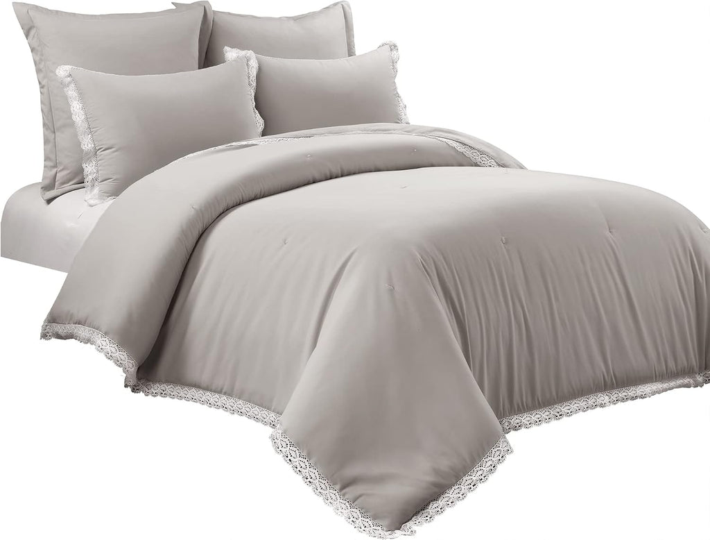 Lush Decor Rosalie Embellished Lace Comforter Set, 5 Piece Set, King, Light Gray - Solid Color Bedding Set - Lace Trim Boho - Cottage Core Decor