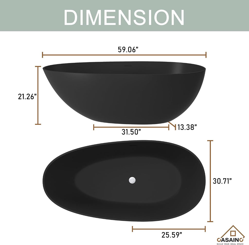 CASAINC 59' Solid Surface Freestanding Bathtub Egg-Shaped Stone Resin Freestanding Tub Matte Black Stand-Alone Tub with Drain, Drain Hose & Sanding Paper
