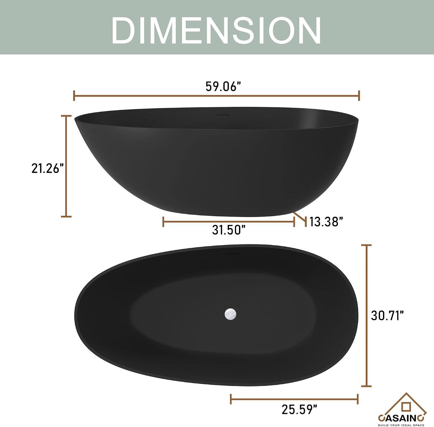 CASAINC 59' Solid Surface Freestanding Bathtub Egg-Shaped Stone Resin Freestanding Tub Matte Black Stand-Alone Tub with Drain, Drain Hose & Sanding Paper