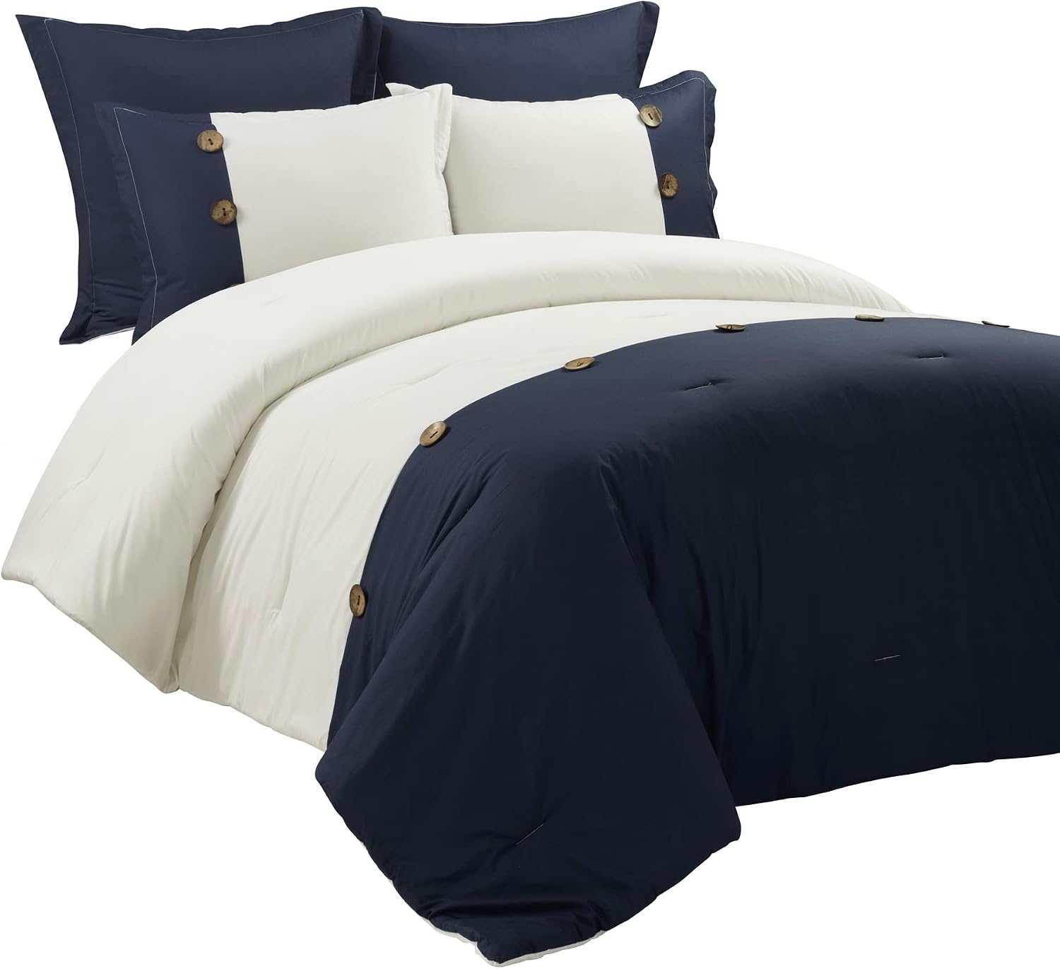 Lush Decor Linen Button Farmhouse 5 Piece Comforter Set, Full/ Queen, Navy - Rustic Chic Bedding Set With Euro Shams - Modern Color Block Design With Coconut Husk Button Detail