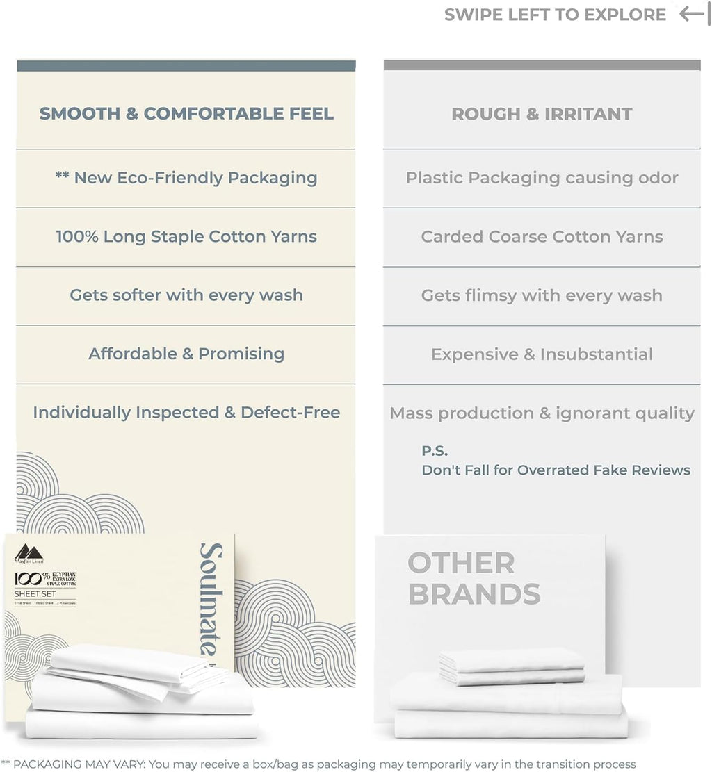 Mayfair Linen 100% Egyptian Cotton 2 Pack King Sheet Set - Luxury 500 Series Soulmate Collection Cotton King Size Sheet Set (8 PC, White), Soft, Cooling 16' Deep Pocket Hotel Quality Bed Sheets