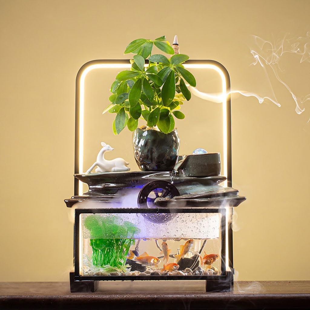 GUERNSEY Tabletop Fountain Chinese Desktop Water Fountain Creative Simple Circulating Water Ornaments Living Room Office Desktop Fish Tank Indoor Waterfall Feature Indoor Fountain