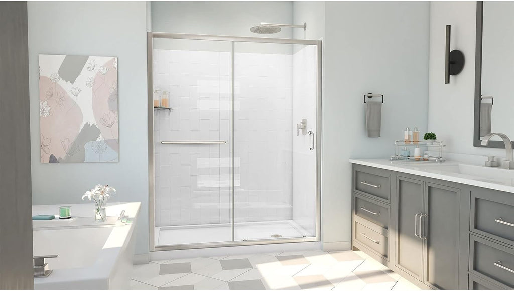 DreamLine Infinity-Z 32 inch D x 60 inch W x 78 3/4 inch H Semi-Frameless Sliding Shower Door in Brushed Nickel and Clear Glass, Right Drain Shower Base, and Wall Kit in White