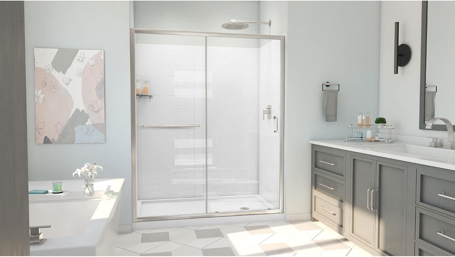 DreamLine Infinity-Z 32 inch D x 60 inch W x 78 3/4 inch H Semi-Frameless Sliding Shower Door in Brushed Nickel and Clear Glass, Right Drain Shower Base, and Wall Kit in White