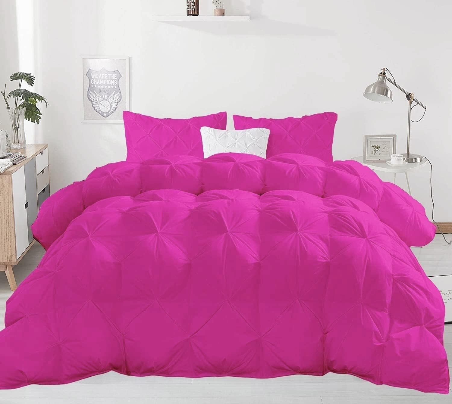 Pinch Pleated Hot Pink 5 Piece Soft 500 GSM Emperor King Size Comforter Set (Comforter + 4 Pillowcases) 1000 Series Egyptian Cotton Comforter Set