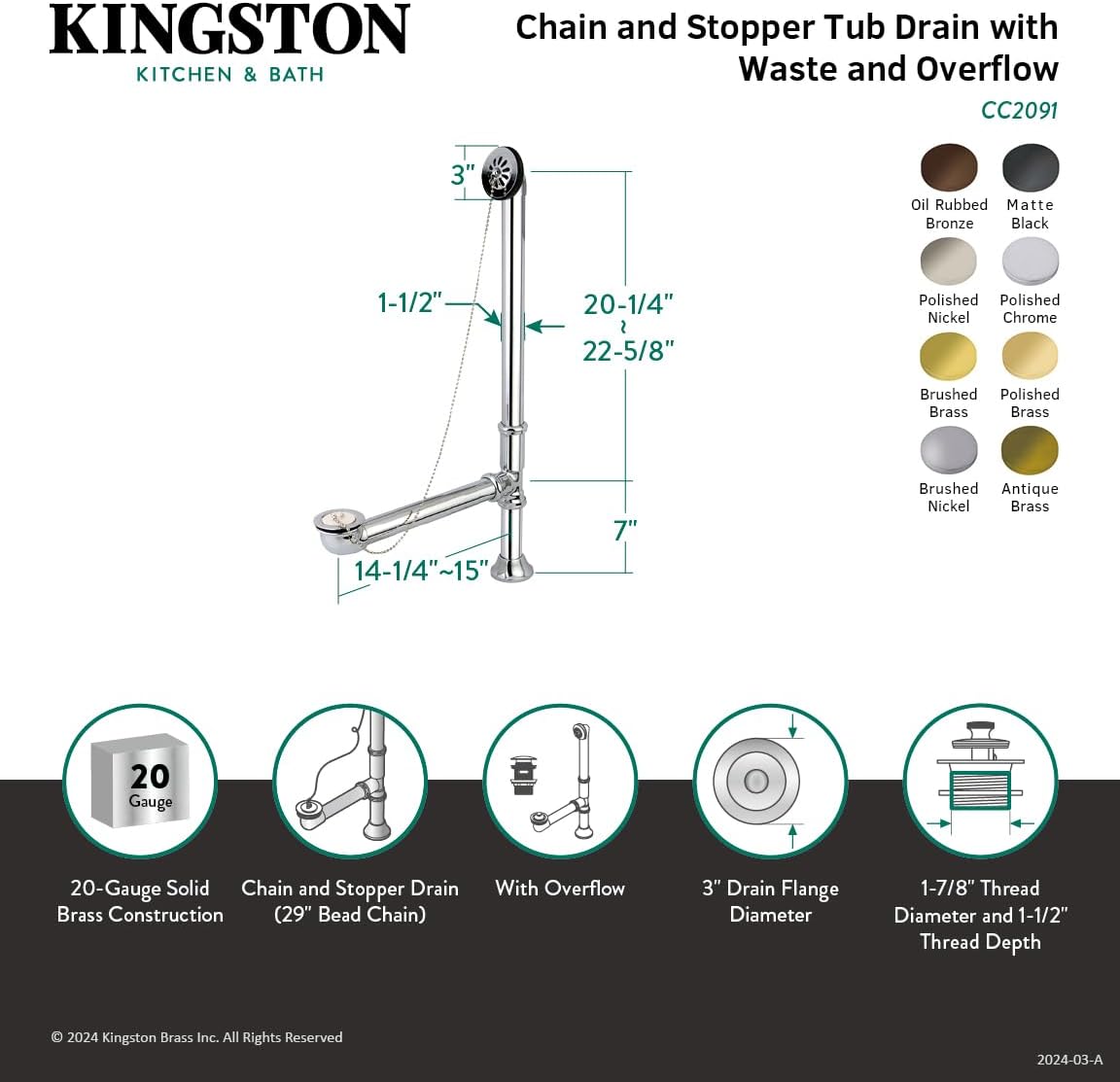 Kingston Brass CC2096 Clawfoot Tub Drain, Polished Nickel