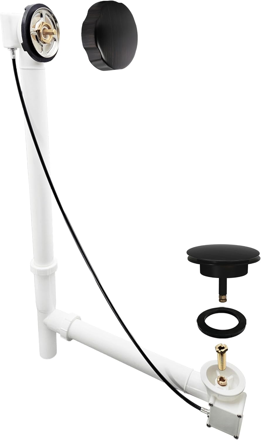 Westbrass A50P27TLE-12A 27' Cable Drive Bath Drain Trim Kit with Rotary Overflow Cover Knob, European Stopper and Poly Tubular Pipes, Antique Bronze