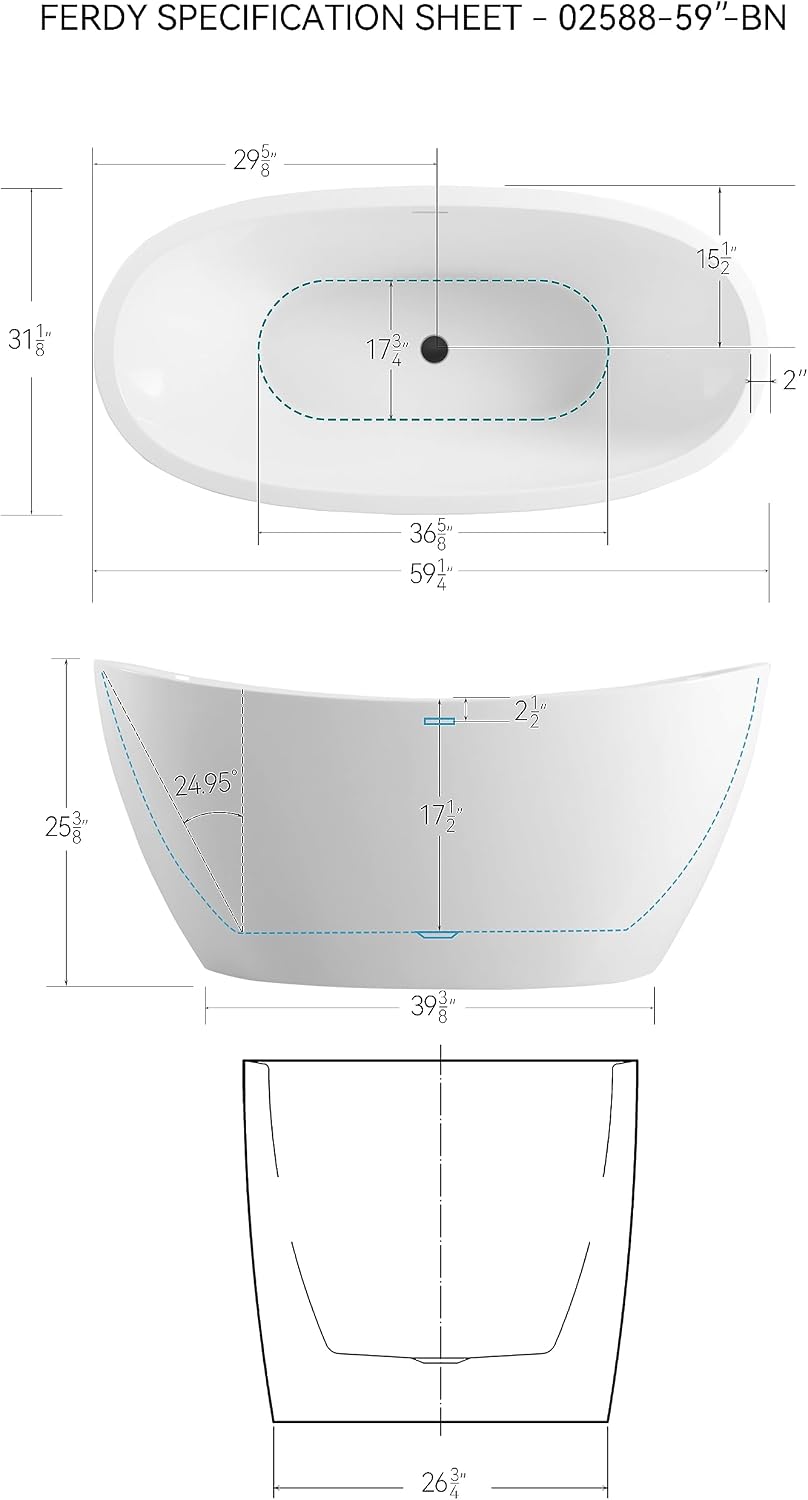 FerdY Naha 59' Acrylic Freestanding Bathtub, Curve Edge Freestanding Soaking Bathtub, Glossy White, cUPC Certified, Matte Black Drain & Matte Black Overflow Included