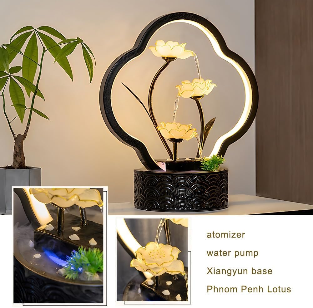GZHERVICES 3-Tier Tabletop Fountain, Indoor Water Lily Water Serenity Fountain, Zen Meditation Indoor Waterfall Feature with LED Light for Home Office Bedroom Relaxation