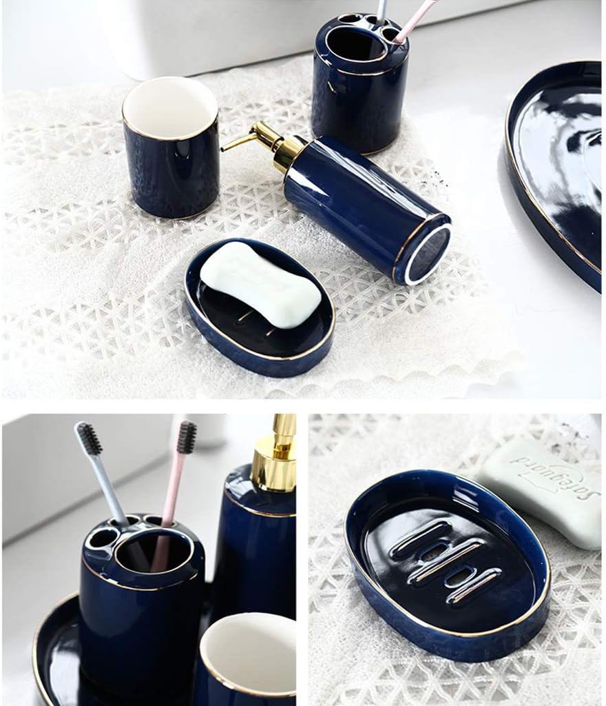 Kitchen Soap Dispenser Dark Blue Gold Edge Ceramic Bathroom Accessories Supplies Six-piece Set Containing Soap Dispenser Mouthwash Cup Toothbrush Holder Soap Box and Tray Countertop Soap Dispensers