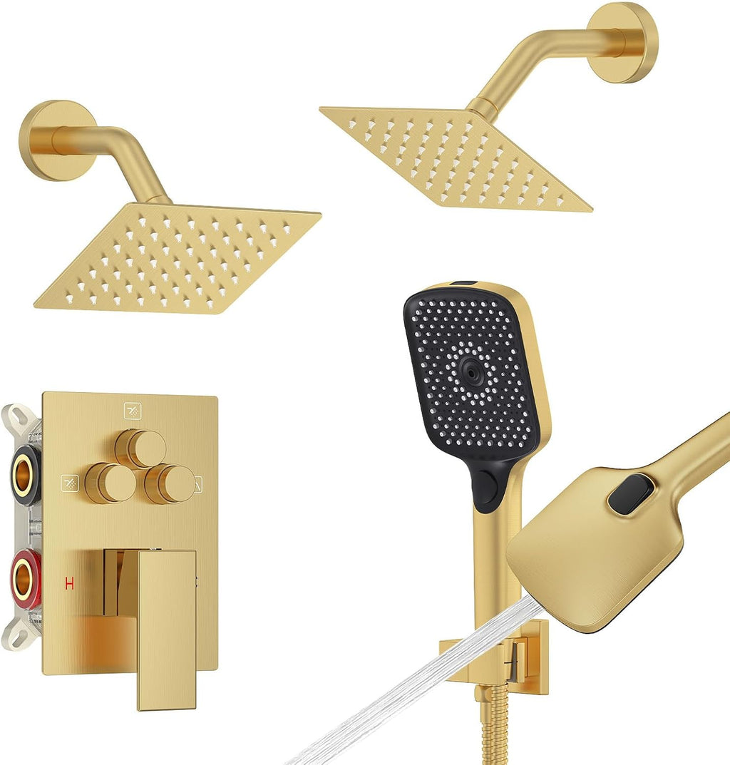 Iriber Bathtub Shower Faucet Set Brushed Gold,Push Button Diverter Shower System for 2 people with 2 in 1 Hand Shower, Dual Shower Head with handheld Wall Mount valve trim kit (cartridge Included)