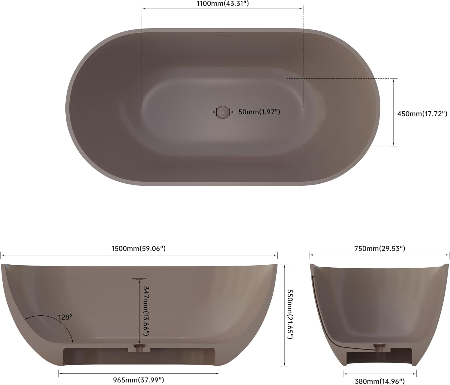Premium 59' Solid Surface Freestanding Bathtub, Upgraded Oval Stone Resin Tub with Overflow and Pop-up Drain, Matte Grey Coffee