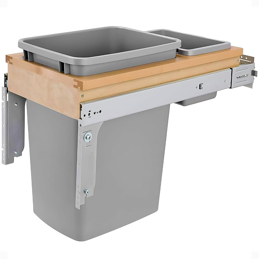 Rev-A-Shelf 35 Qt Top Mount Single Pullout Under Cabinet Kitchen Trash Cans w/Soft-Close for Base Cabinets,150 Pound Rated Full-Extension Slides, Min Opening Width of 12', Silver, 4WCTM-12BBSCDM1