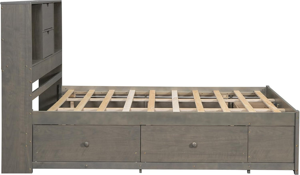 King Size Platform Bed with Storage Headboard, Solid Wood Platform Bed Captain's Bed Frame with 8 Drawers, Sturdy Slats Support, Maximize Space (Grey-8R, King)