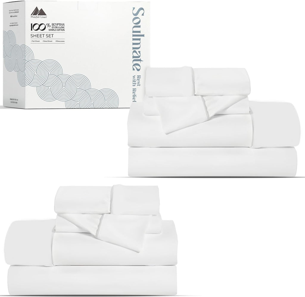 Mayfair Linen 100% Egyptian Cotton 2 Pack King Sheet Set - Luxury 500 Series Soulmate Collection Cotton King Size Sheet Set (8 PC, White), Soft, Cooling 16' Deep Pocket Hotel Quality Bed Sheets