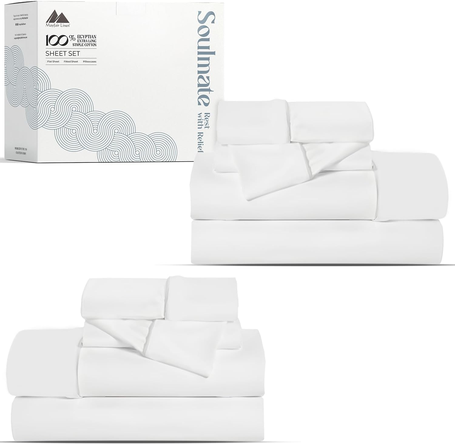 Mayfair Linen 100% Egyptian Cotton 2 Pack King Sheet Set - Luxury 500 Series Soulmate Collection Cotton King Size Sheet Set (8 PC, White), Soft, Cooling 16' Deep Pocket Hotel Quality Bed Sheets