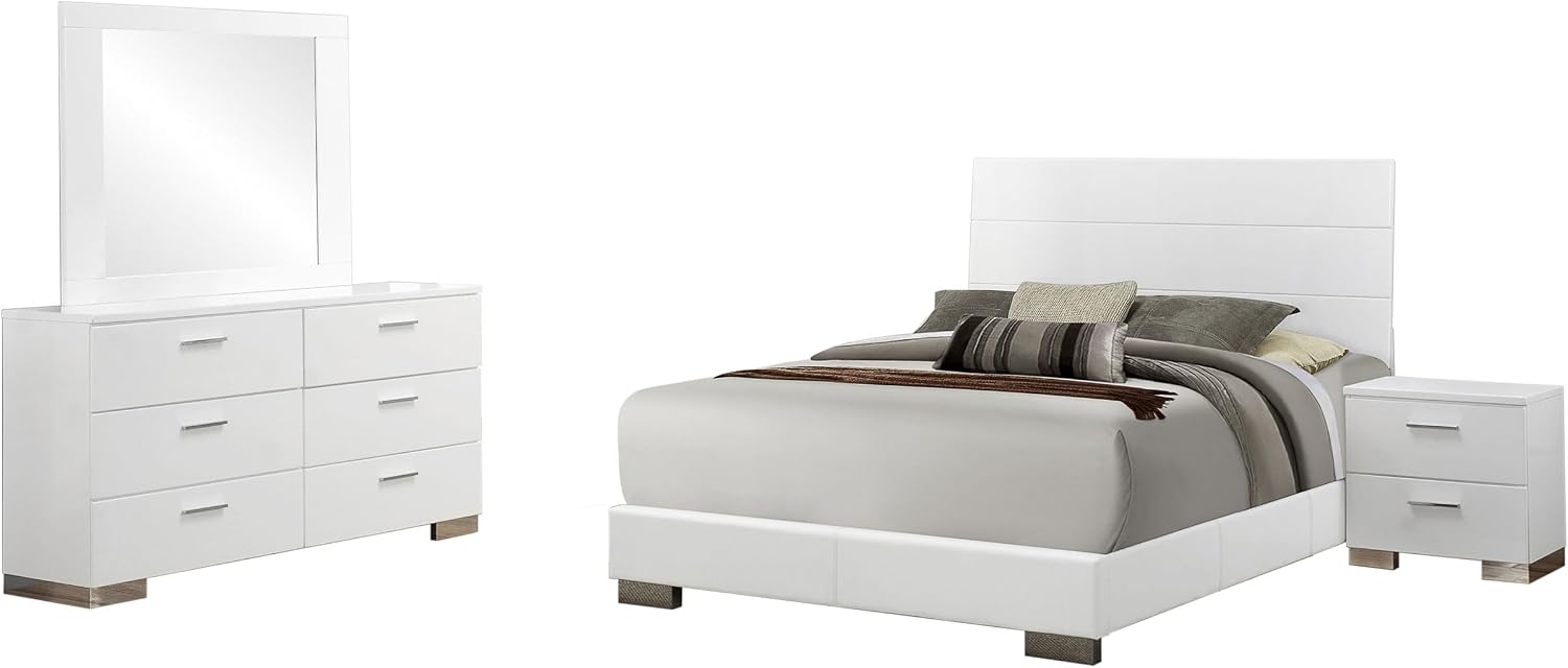 Coaster Home Furnishings Felicity Contemporary 4-Piece Bedroom Set Queen Size Panel Bed Frame 51-inch Headboard White High Gloss 203501Q-S4