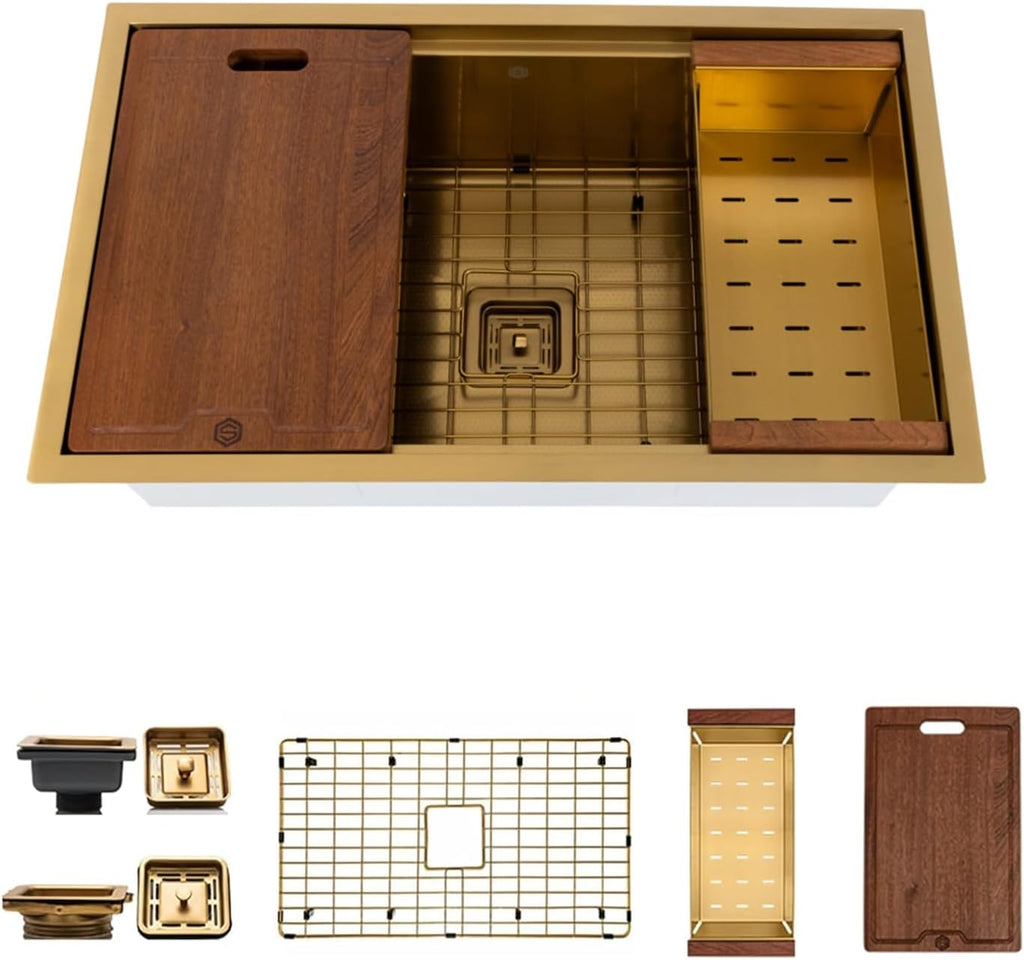 Strictly Sinks Undermount Workstation Kitchen Sink – 32 Inch 16 Gauge Embossed Hexagon Texture Gold Kitchen Sink with Grid, Wood Cutting Board, Colander, 1 Strainer Drain & 1 Garbage Disposal Adapter