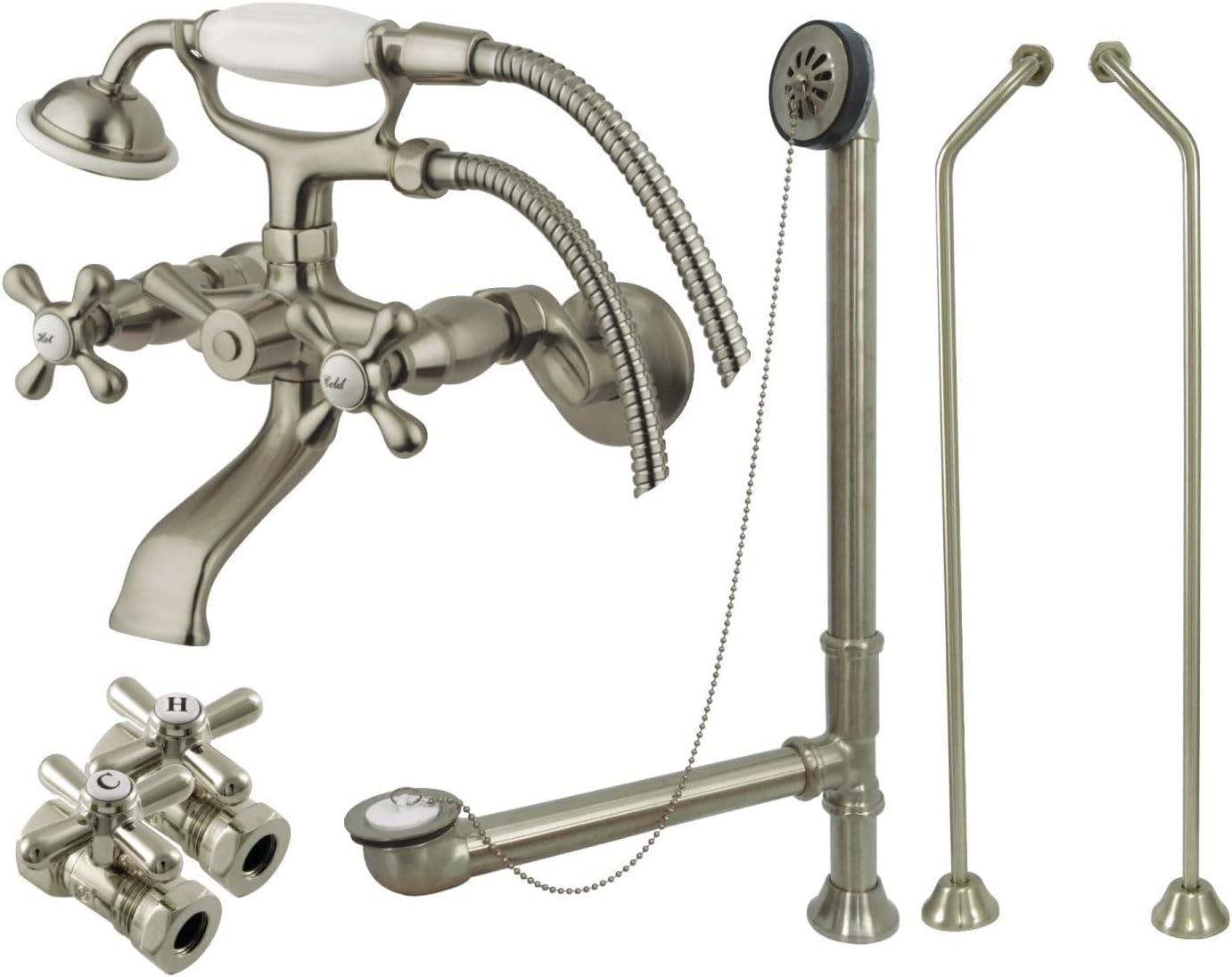 Kingston Brass CCK265SND Vintage Wall Mount Clawfoot Tub Faucet Package with Offset Supply Lines, Brushed Nickel