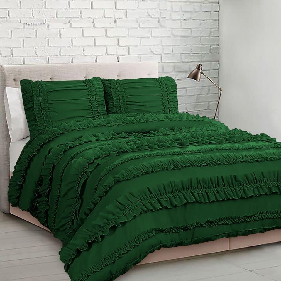 5 Piece Full Ruffles Layers Duvet Cover Set with Zipper Closure, 100% Egyptian Cotton, 1000 Thread Cotton - Full/Queen Size - Green Solid