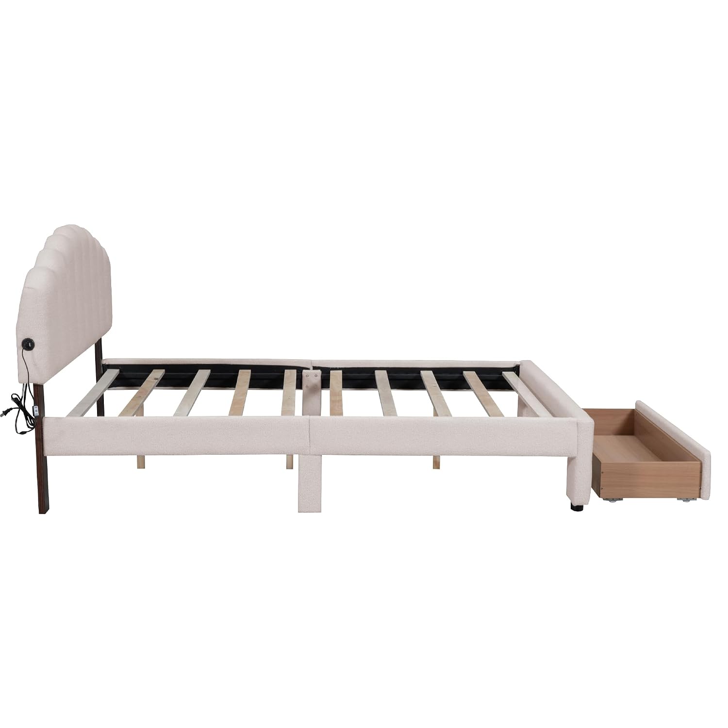 Queen Size Teddy Fleece Upholstered Platform Bed with Drawer,LED Bed Frame W/ 2 USB Ports,for Bedroom,Apartment,Guest Room,Beige