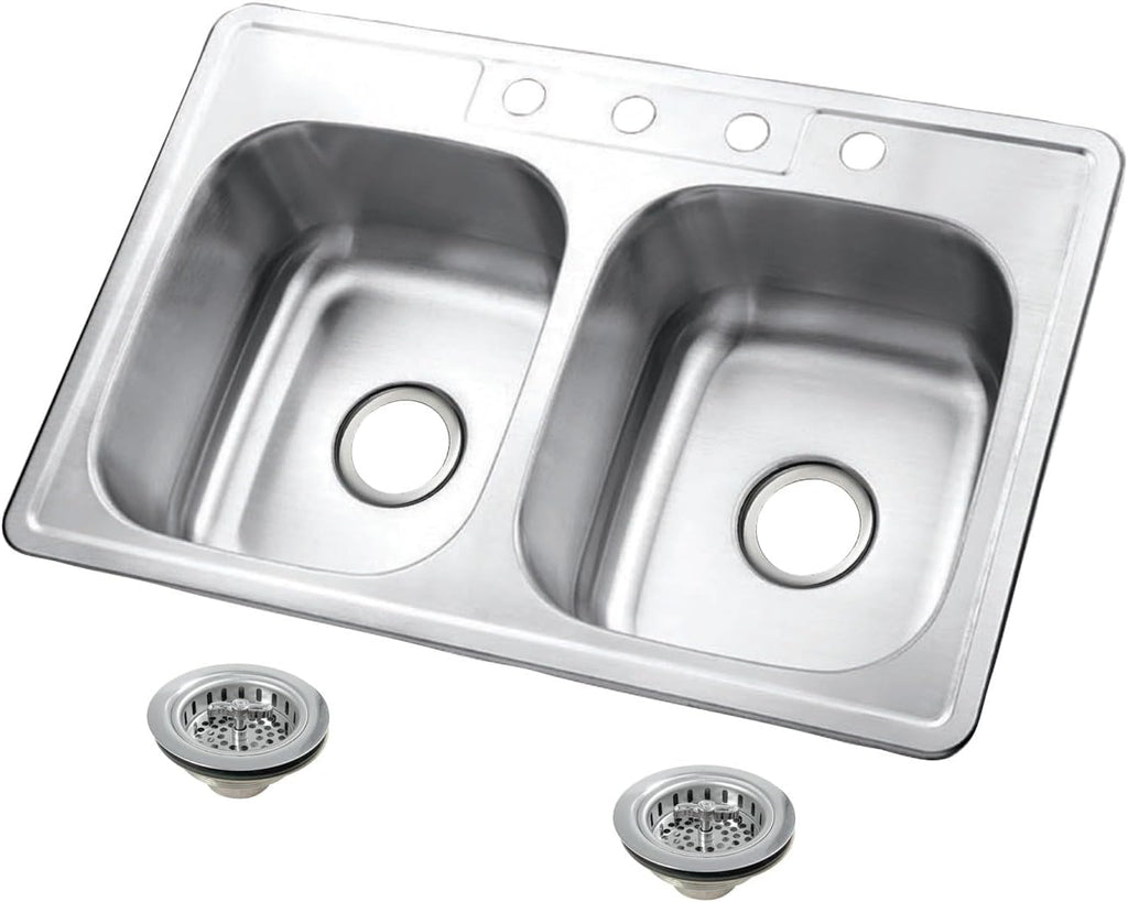 Kingston Brass Studio KGKTD332271 33' Stainless Steel Self-Rimming Double Bowl Drop-In Kitchen Sink with 4-Hole Drain and Strainer, Stainless Steel/Polished Chrome