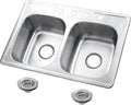 Kingston Brass Studio KGKTD332271 33' Stainless Steel Self-Rimming Double Bowl Drop-In Kitchen Sink with 4-Hole Drain and Strainer, Stainless Steel/Polished Chrome