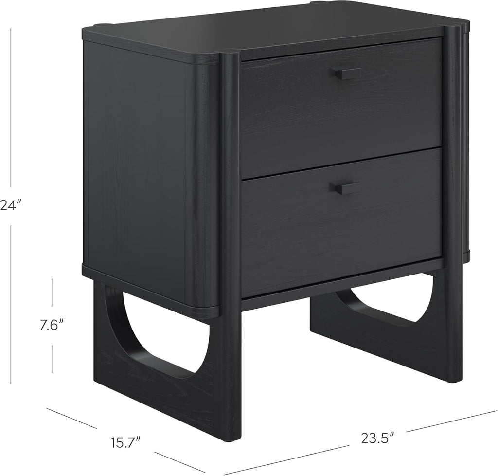 Nathan James Solace Mid Century Modern 2 Drawer Nightstand with Solid Wood Frame and Rounded Details, Black