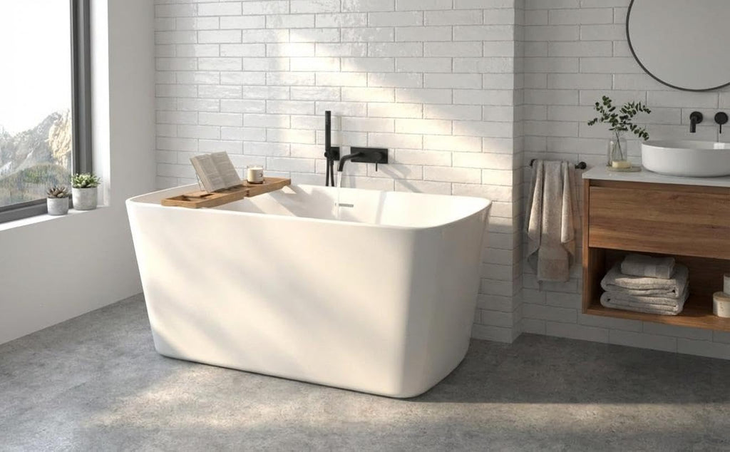 55 Inch Freestanding Bathtub, Small Square Soaking Tub, White Acrylic Deep Soak Tub for Narrow Spaces & Apartments, Modern Slim Design with Overflow & Chrome Drain Kit, Glossy Interior/Exterior