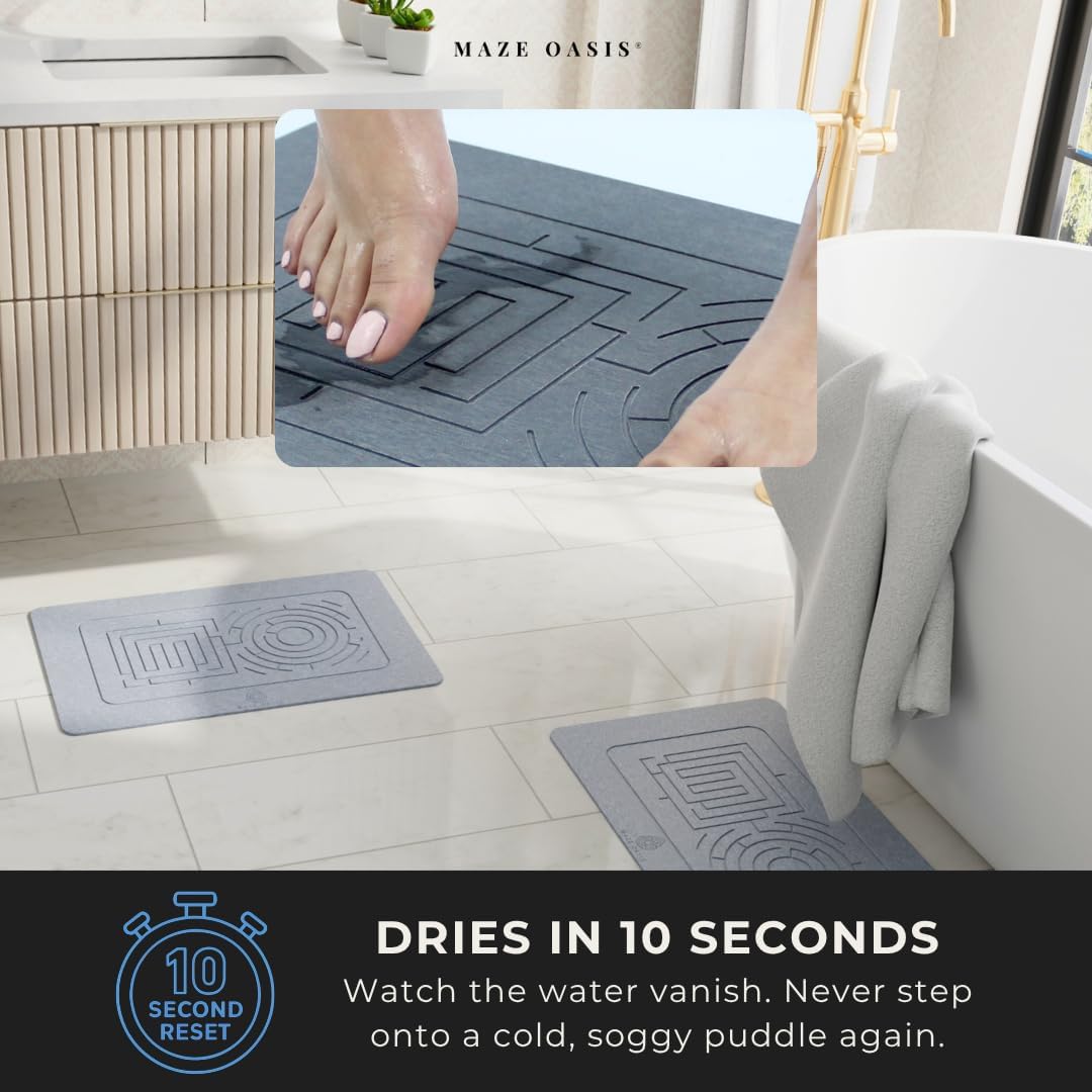 5X Faster Drying - Premium Stone Bath Mat Set - Engineered Design – Diatomaceous Earth Bathroom Mat & Stone Drying Mat for Kitchen Counter – Non Slip, Engraved Airflow – Serenity Ash 2Pc