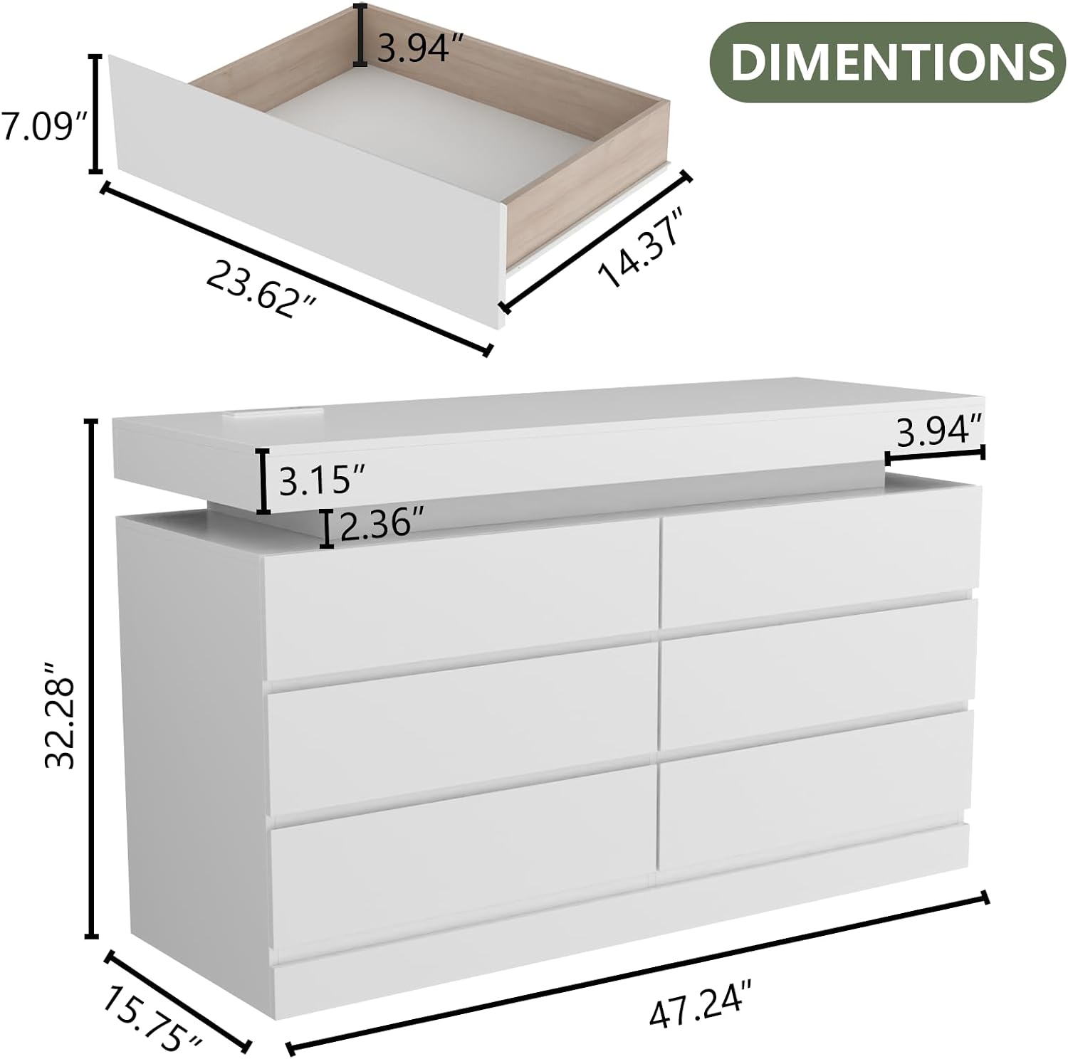 Gyfimoie 6 Drawer Dresser with Power Outlet, Dresser with LED Light, Modern Chest of Drawers for Closet, Double Wide Drawer Organizer Cabinet for Bedroom, Living Room (White, 6 Drawers)