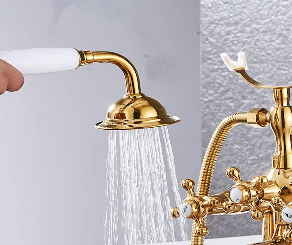 Electroplating Gold Bath Shower Set Bathtub Side Simple Shower Deck Installation Double Handle 2 Functions Hand Shower Thick Brass Mixing Valve Hot and Cold Water s Rotating Faucet Full Moon