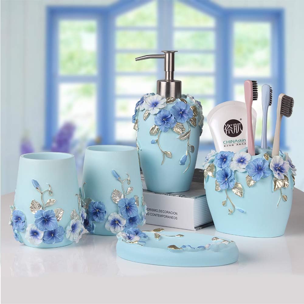 Bathroom Accessories Set Creativity Romantic Wedding Bath Set Resin Bath Ensemble Includes Toothbrush Holder, 2 Tumblers, Liquid Soap Dispenser, Soap Dish,Blue