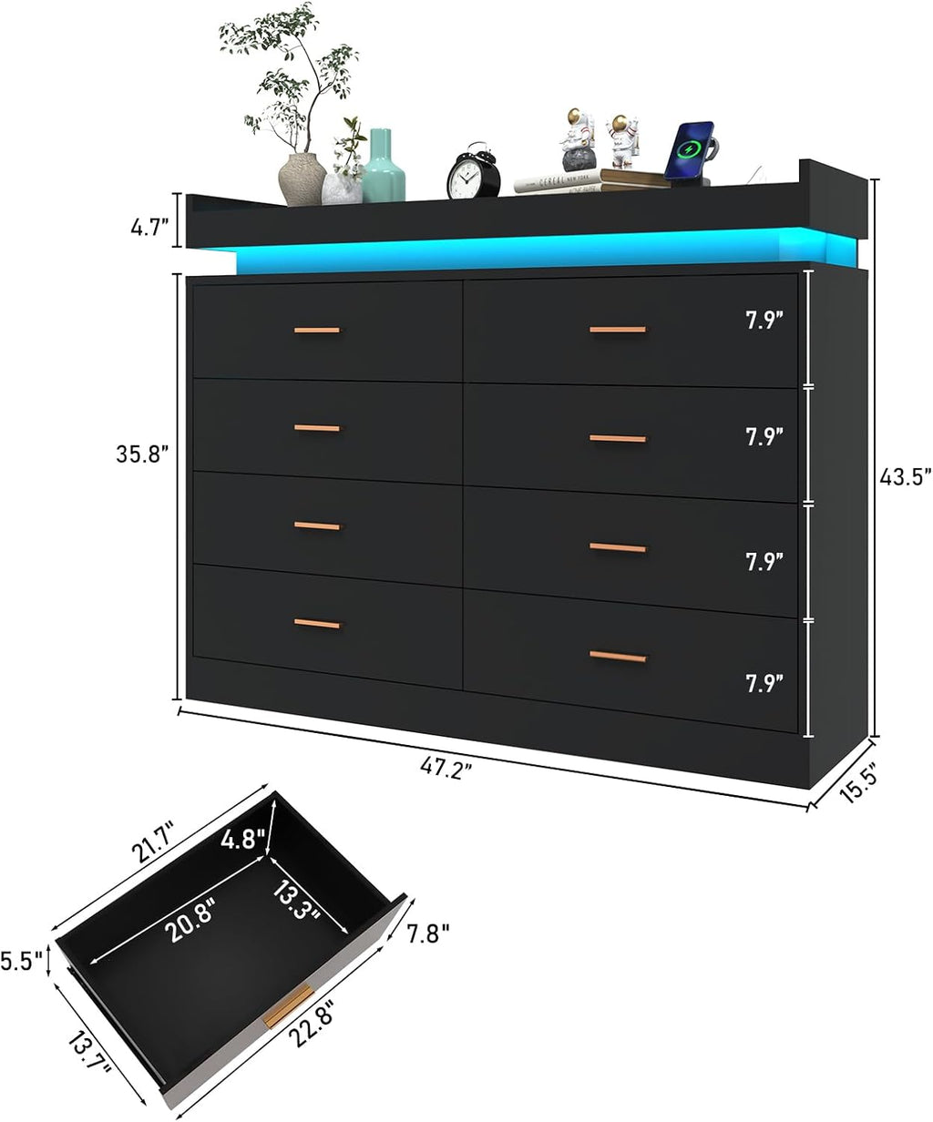 Hlivelood 8 Drawer Dresser with LED Light and Charging Station, Modern Chest of Drawers for Closet, Wide Drawer Organizer Cabinet for Bedroom, Living Room, Entryway, Hallway(Black)
