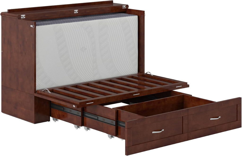 AFI Hamilton Full Murphy Bed Chest with Mattress, Storage, and Built-in Charger in Walnut