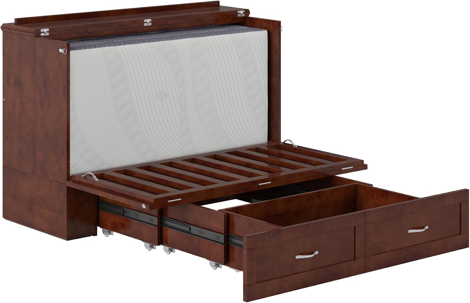 AFI Hamilton Full Murphy Bed Chest with Mattress, Storage, and Built-in Charger in Walnut