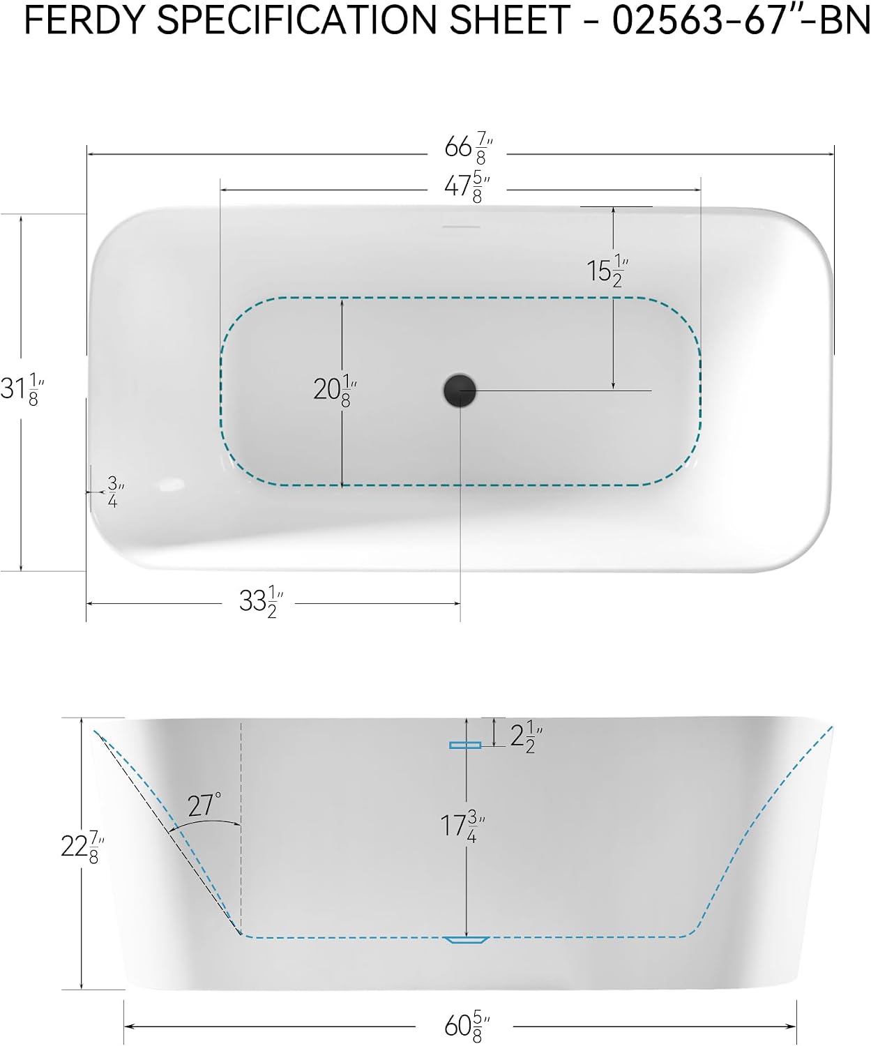 FerdY Maui 67' Acrylic Freestanding Bathtub, Contemporary Elegant Design Soaking Tub with Matte Black Drain and Minimalist Linear Design Overflow, Easy to Install