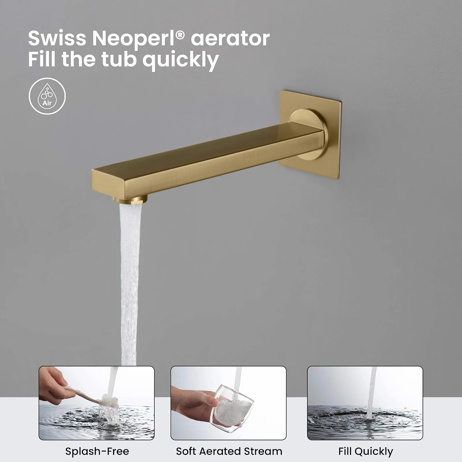 KIBI Cube 3-Function Brushed Brass Wall Mounted Bathroom Shower System | Solid Brass Pressure Balanced Valve Bath Faucet Set | 15-inch Shower Arm | Handheld Waterfall Shower Mode (KSF406)
