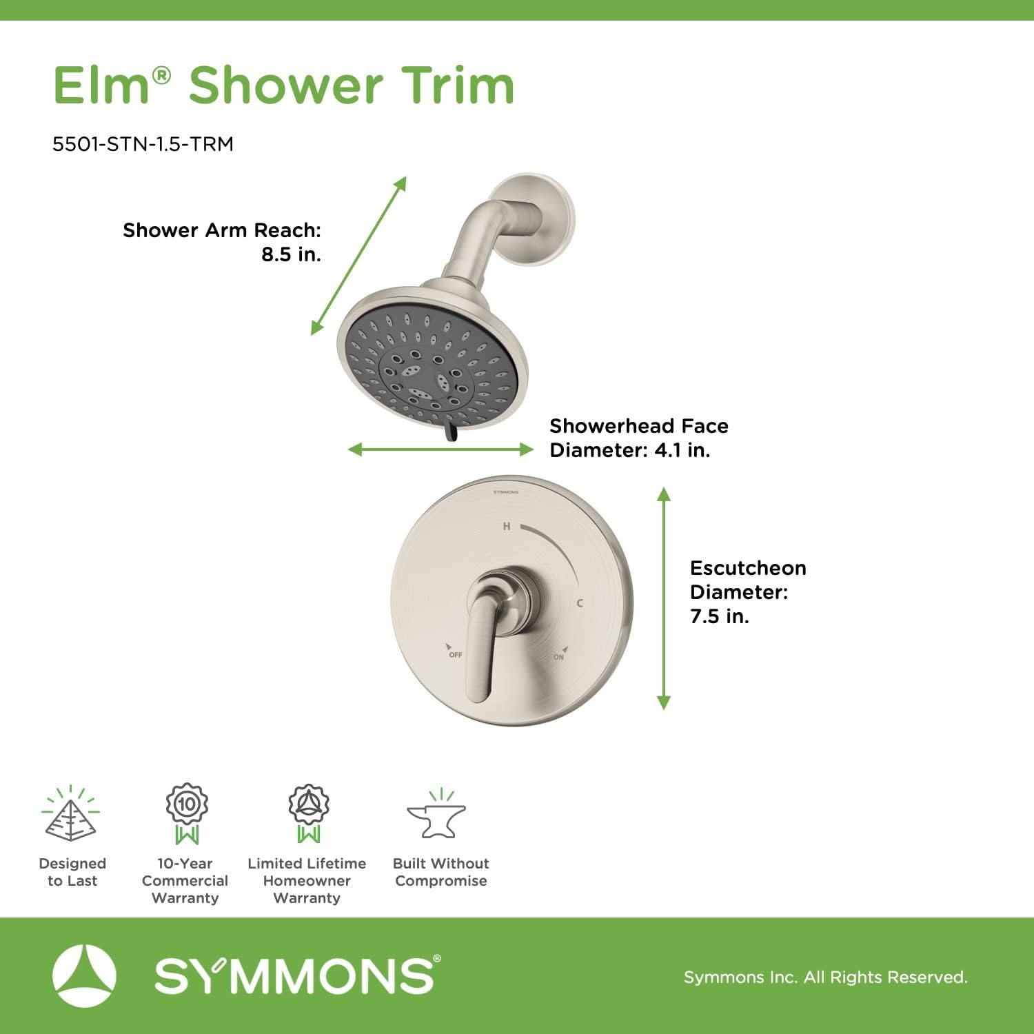 Symmons 5501-STN-1.5-TRM Elm Single Handle 5-Spray Shower Trim in Satin Nickel - 1.5 GPM (Valve Not Included)