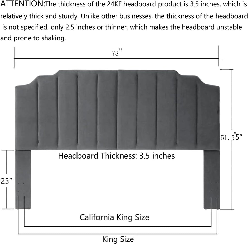 24KF Dark Gray Velvet Tufted King Upholstered Headboard, Modern Vertical Channel Design California King Headboard with Stepped Silhouette Top Edge,Dark Gray