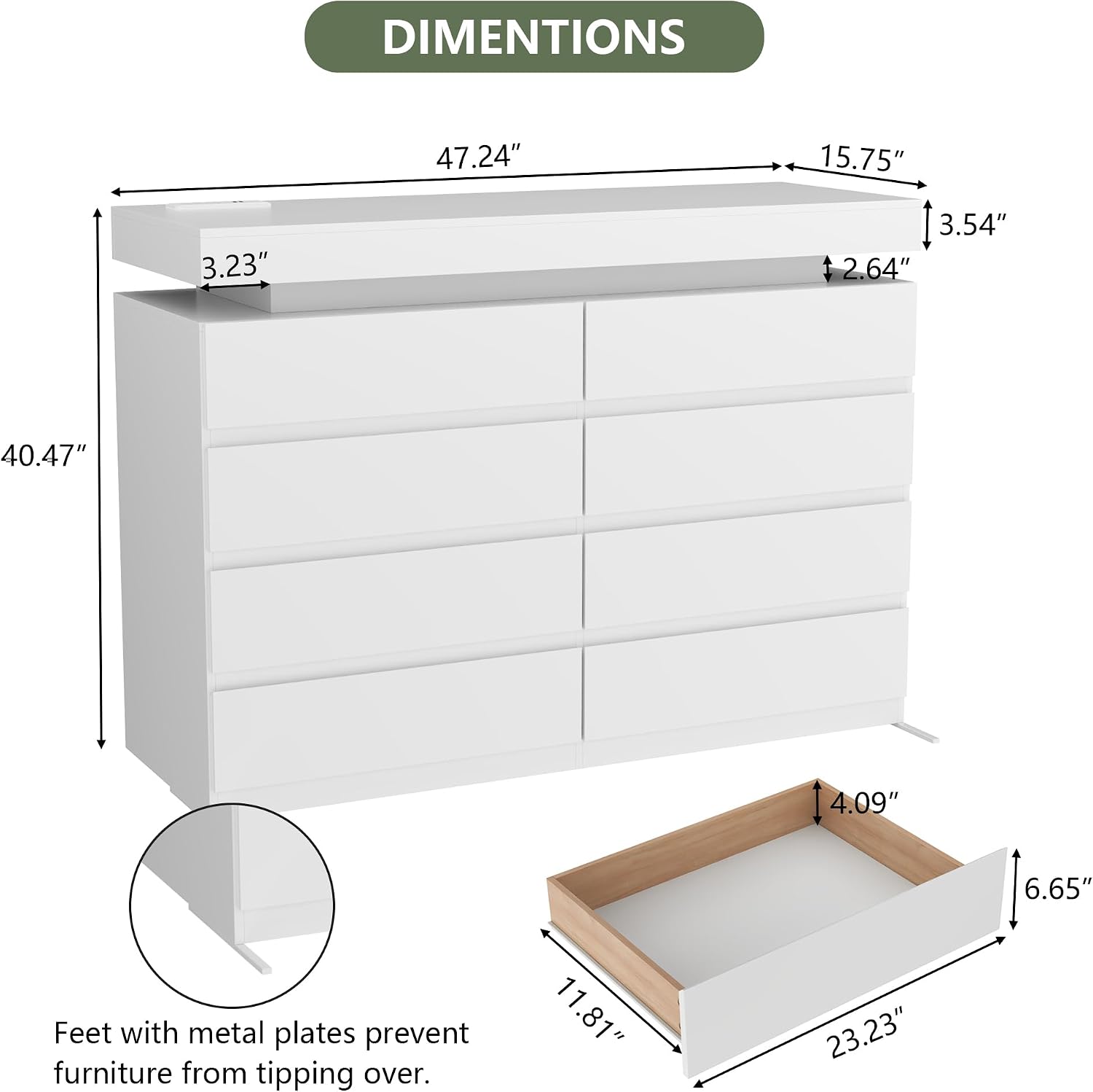 Gyfimoie 8 Drawer Dresser with Power Outlet, Dresser with LED Light, Modern Chest of Drawers for Closet, Double Wide Drawer Organizer Cabinet for Bedroom, Living Room (White, 8 Drawers)