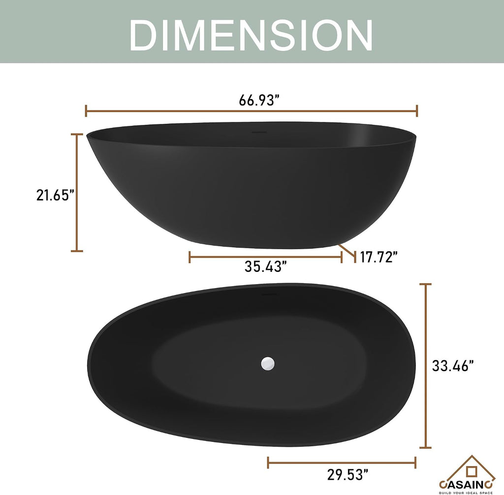 CASAINC 67' Freestanding Bathtub Egg-Shaped Stone Resin Freestanding Tub Solid Surface Matte Black Stand-Alone Tub with Drain, Drain Hose & Sanding Paper