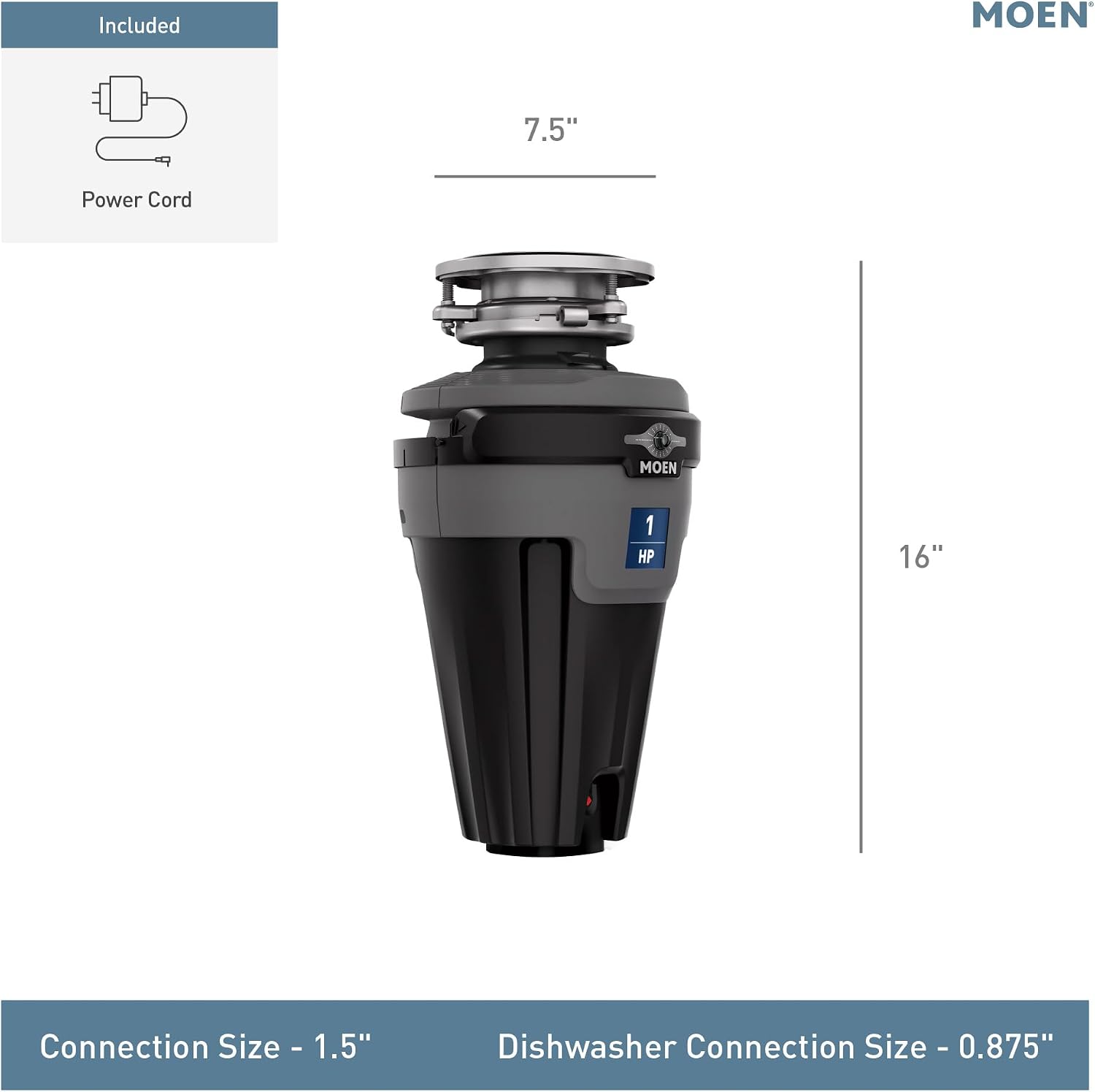 Moen Chef Series 1 HP Continuous Feed Lighted Garbage Disposal with Sound Reduction for Under Sink, Power Cord Included, EXL100C