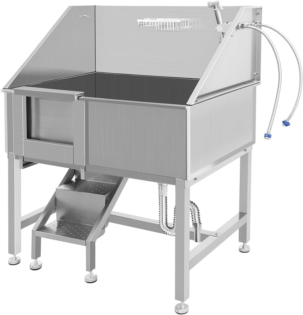 Dog Grooming Tub, 38' L Pet Wash Station, Professional Stainless Steel Pet Grooming Tub with Ramp, Faucet, Sprayer, and Drain Kit,L-Door