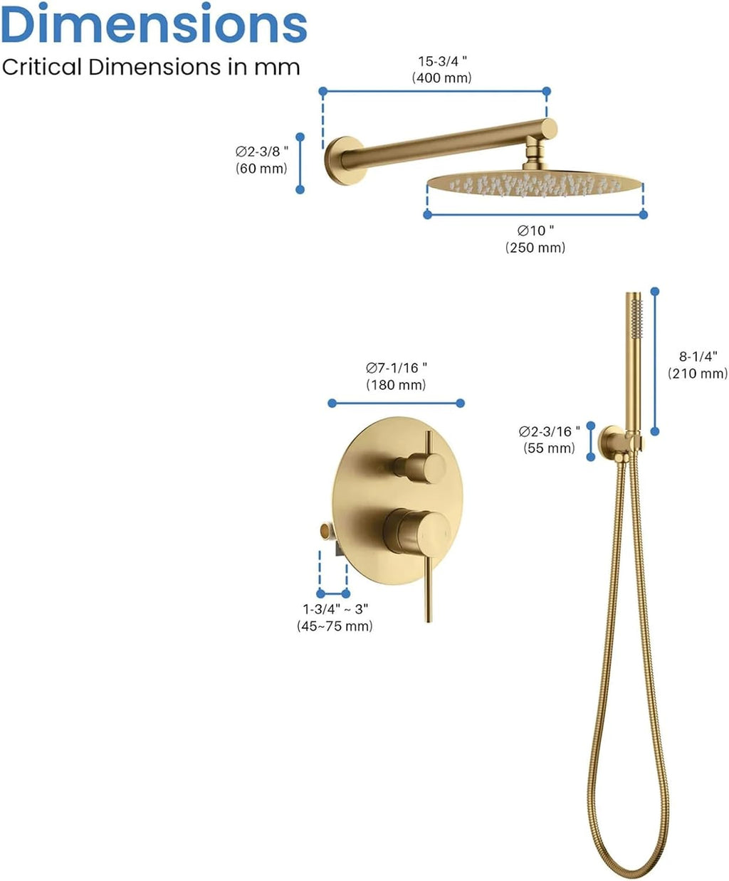 KIBI Circular Bathroom Shower System | 2-Function Wall Mounted Shower Faucet Set | Solid Brass Pressure Balanced Valve Construction | Durable and Leak-Free | Brushed Brass Finish (KSF403)
