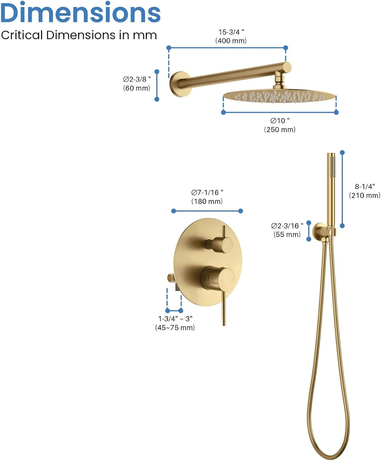 KIBI Circular Bathroom Shower System | 2-Function Wall Mounted Shower Faucet Set | Solid Brass Pressure Balanced Valve Construction | Durable and Leak-Free | Brushed Brass Finish (KSF403)